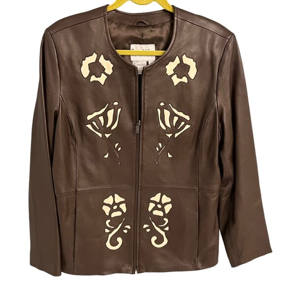 Pamela McCoy Womens Large Genuine Leather Jacket With Floral Cutout Design - Picture 3 of 8